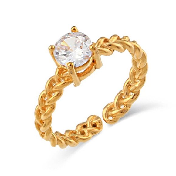 Boutique Jewelry - Clear Cubic Zirconia Woven Chain Adjustable Ring 18K Gold Plating Steel